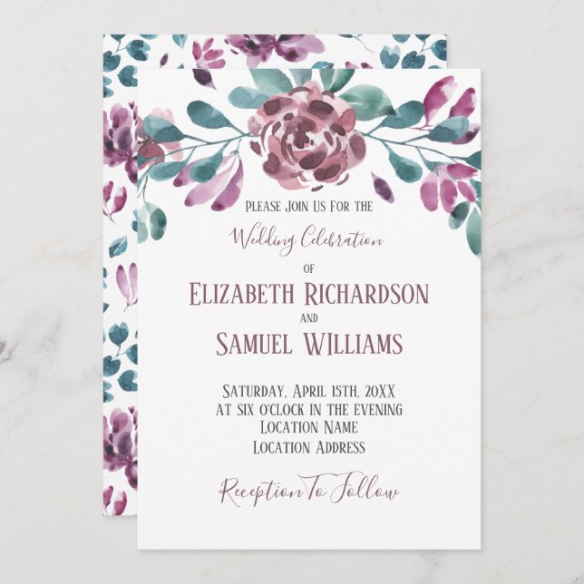Purple Violet Peony Watercolor Wedding Invitation (Front/Back)