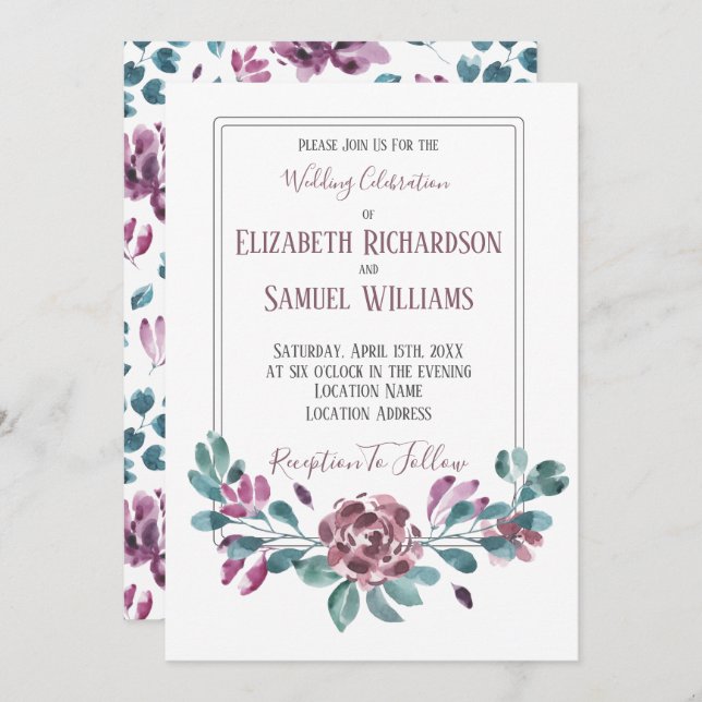 Purple Violet Peony Watercolor Wedding Invitation (Front/Back)