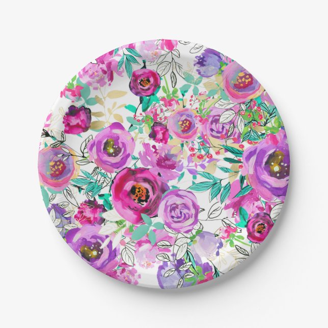 Purple Violet Pink Colourful Modern Floral Pattern Paper Plate (Front)