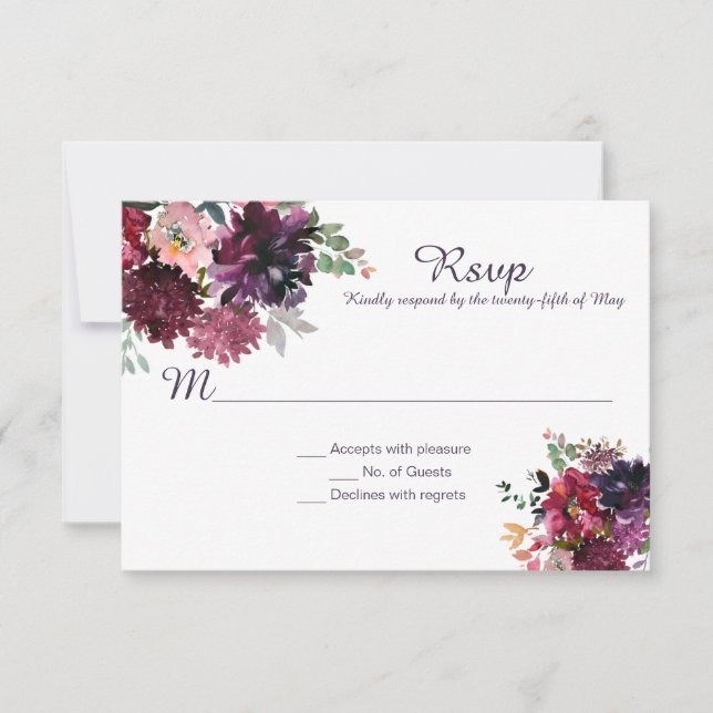 Purple Violet Plum Pink Mauve Red Greenery RSVP Card (Front)