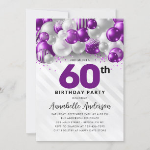 Purple Violet Silver Balloon Glitter 60th Birthday Invitation