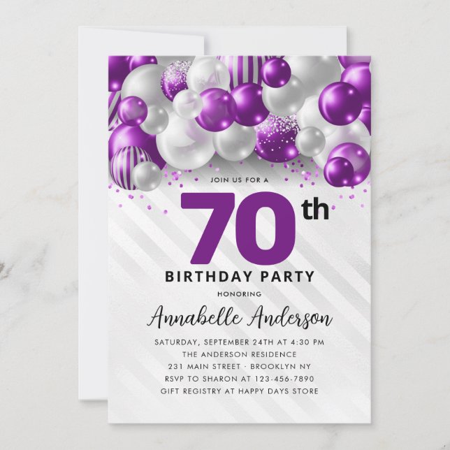 Purple Violet Silver Balloon Glitter 70th Birthday Invitation (Front)