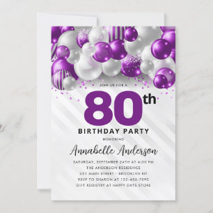 Purple Violet Silver Balloon Glitter 80th Birthday Invitation