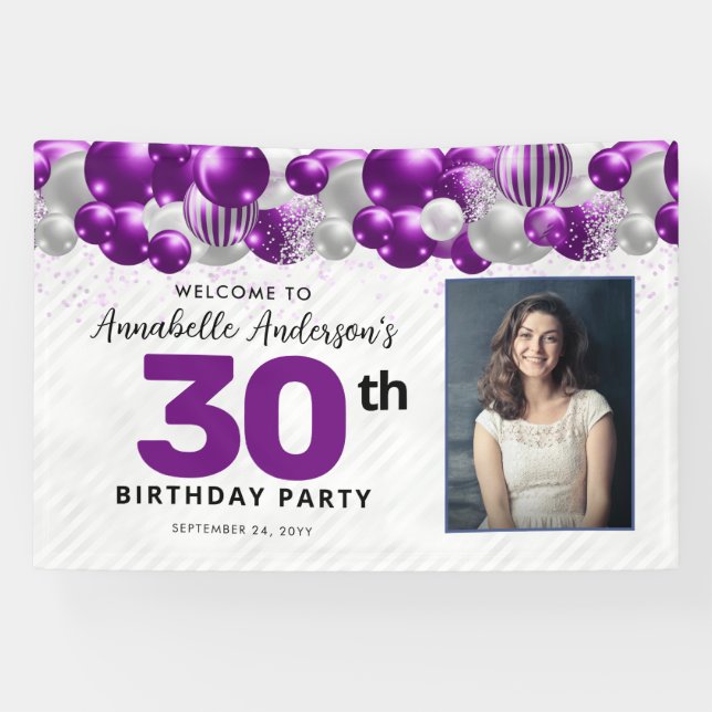 Purple Violet Silver Balloon Glitter Photo Welcome Banner (Horizontal)