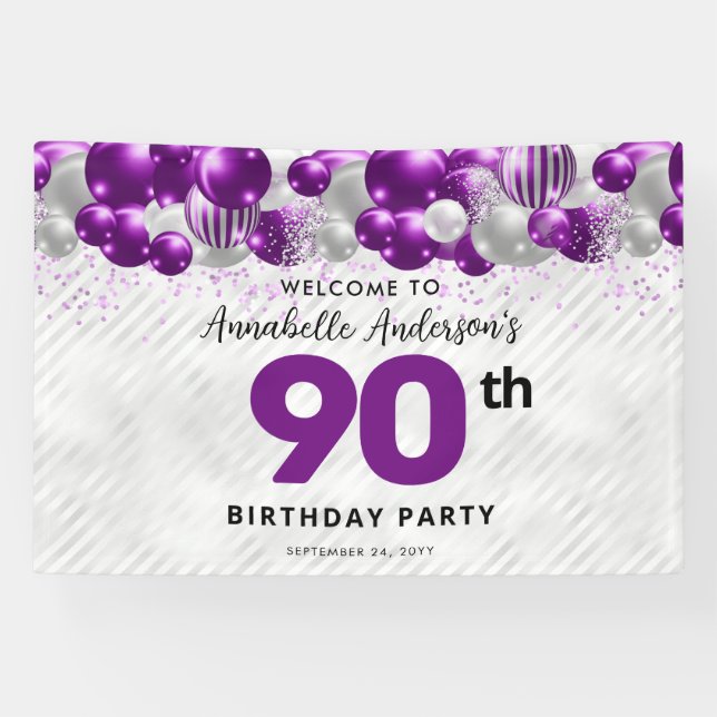 Purple Violet Silver Balloon Welcome 90th Birthday Banner (Horizontal)