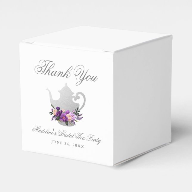 Purple Violet Silver Tea Party Bridal Shower Favour Box (Front Side)