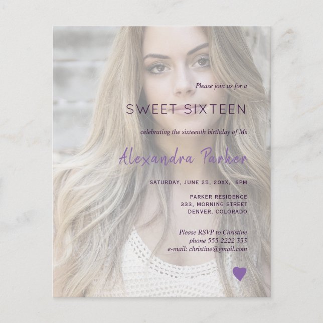 Purple violet simple photo sweet sixteen invite (Front)