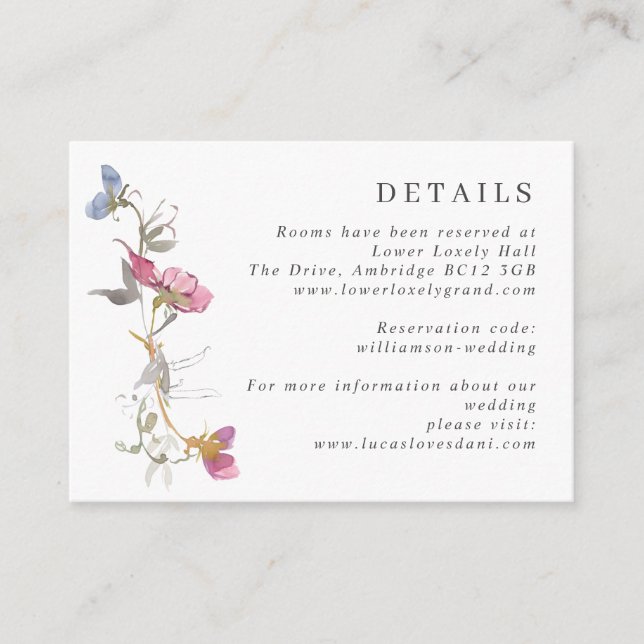 Purple & Violet Sweet Pea Wedding Details Enclosur Enclosure Card (Front)