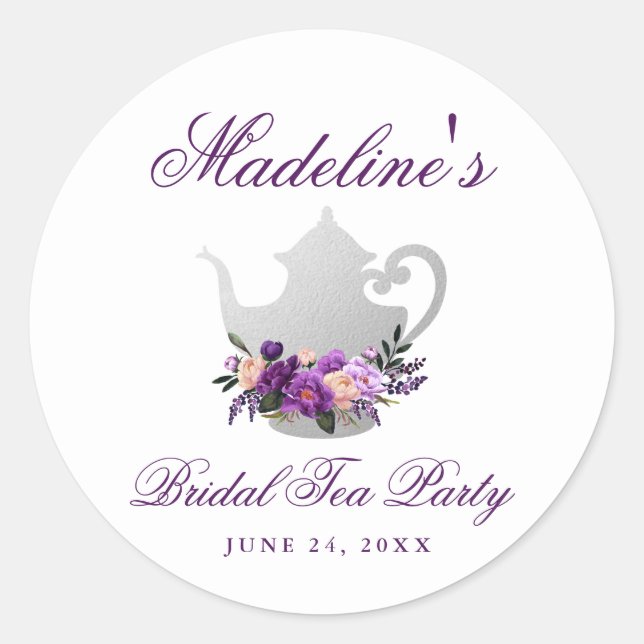 Purple Violet Tea Party Bridal Shower Small Classic Round Sticker (Front)