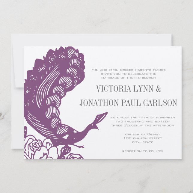 Purple Violet Vintage Modern Peacock Wedding  Invitation (Back)