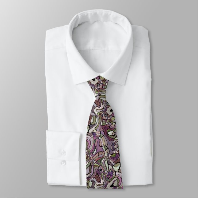 Purple Violet Warped Twisted Retro Squares Pattern Tie (Tied)
