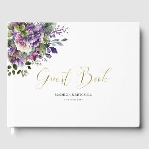 Purple Violet Watercolor Bouquet Gold Script Guest Book