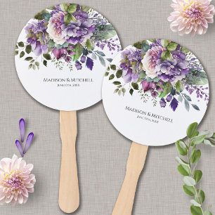 Purple Violet Watercolor Bouquet Gold Script Hand Fan