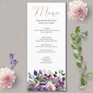 Purple Violet Watercolor Bouquet Gold Script Menu