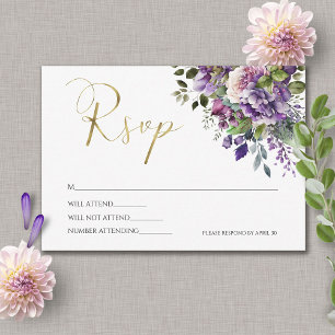 Purple Violet Watercolor Bouquet Gold Script RSVP Card