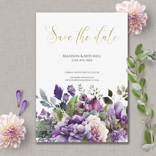 Purple Violet Watercolor Bouquet Gold Script  Save The Date (Creator Uploaded)