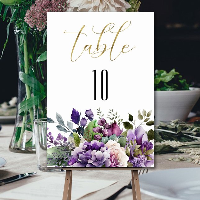 Purple Violet Watercolor Bouquet Gold Script  Table Number (Creator Uploaded)