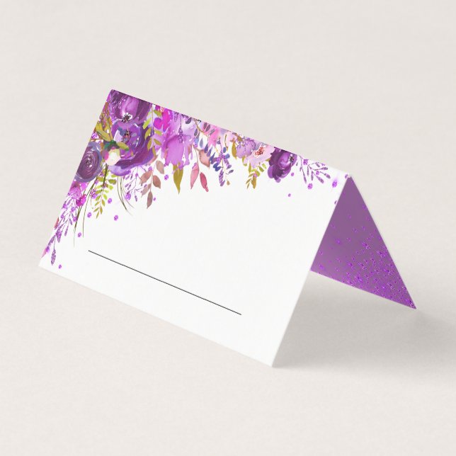 Purple Violet Watercolor Floral Wedding Place Card (Front)