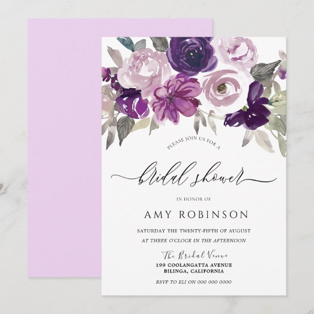 Purple Violet Watercolor Flowers Bridal Shower Invitation (Front/Back)