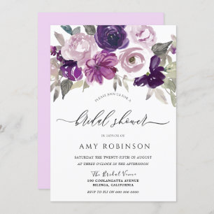 Purple Violet Watercolor Flowers Bridal Shower Invitation