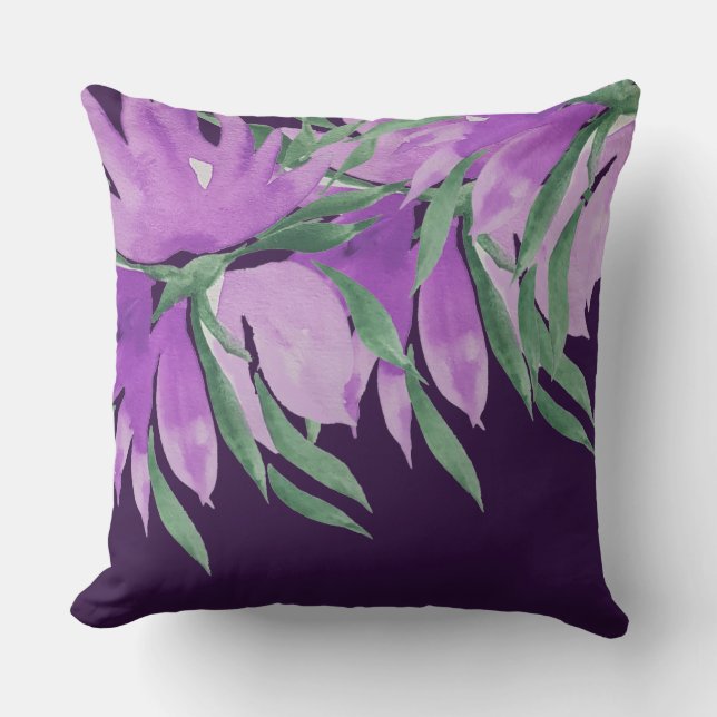 Purple Violet Watercolor Flowers Hand-painted Cushion (Front)