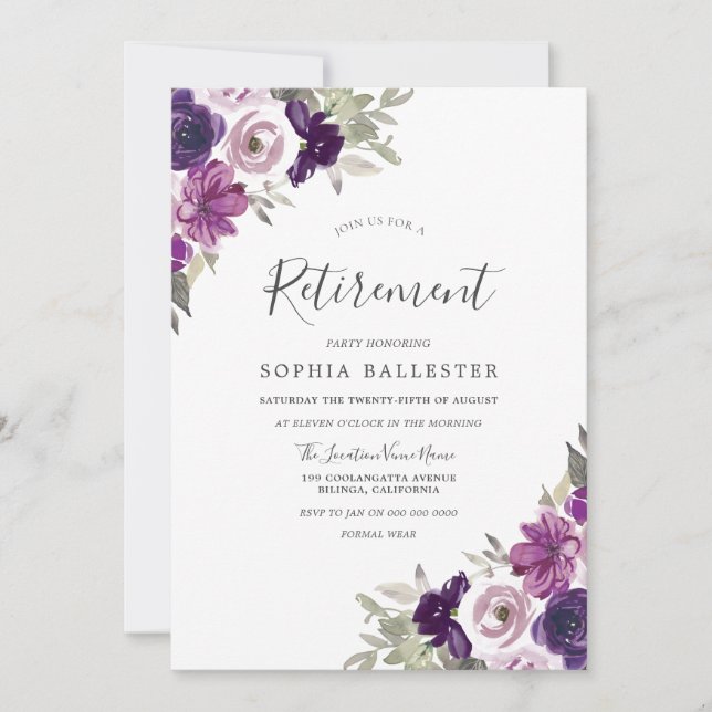 Purple Violet Watercolor Flowers Retirement Party Invitation (Front)