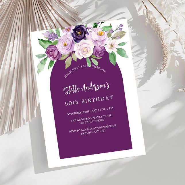 Purple violet watercolored florals birthday invitation (Creator Uploaded)