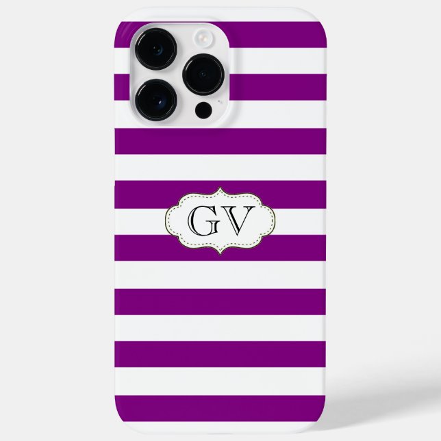 Purple Violet & White Stripes Initials Monogram Case-Mate iPhone Case (Back)
