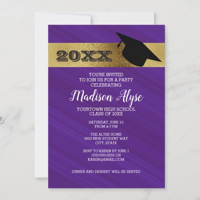 Purple Violet with Gold and Graduation Cap Party Invitation (Front)