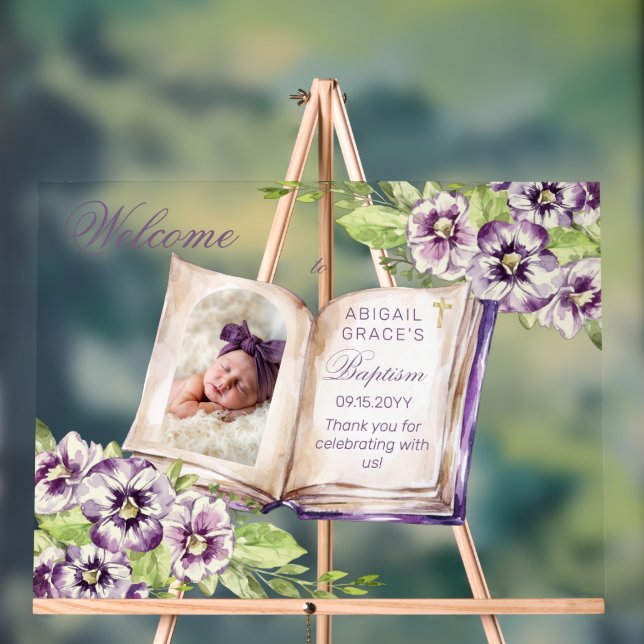 Purple Violets Arched Photo Unique Baptism  Acrylic Sign (Neutral)