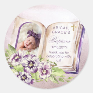 Purple Violets Arched Photo Unique Baptism  Classic Round Sticker