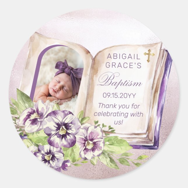 Purple Violets Arched Photo Unique Baptism  Classic Round Sticker (Front)