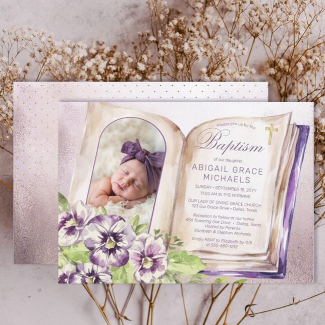Purple Violets Arched Photo Unique Baptism Invitation (Creator Uploaded)
