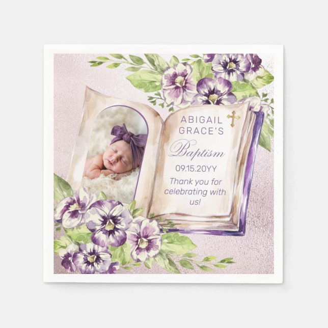 Purple Violets Arched Photo Unique Baptism Napkin (Front)