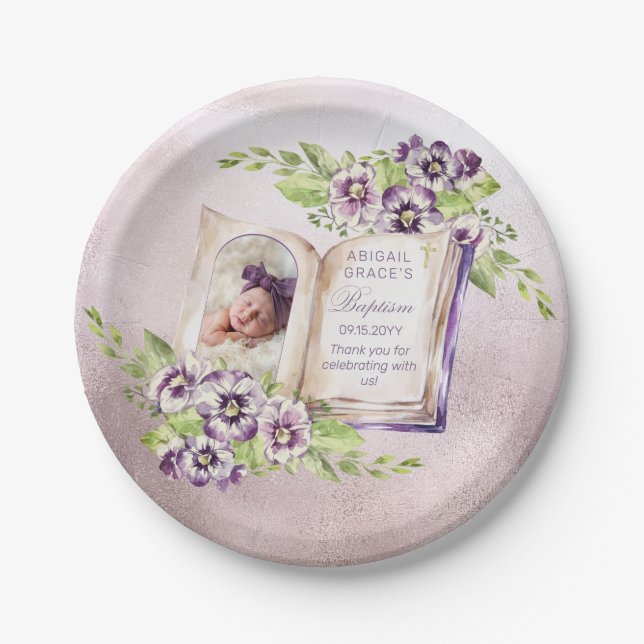 Purple Violets Arched Photo Unique Baptism Paper Plate (Front)