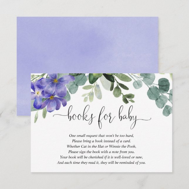 Purple violets greenery baby shower books for baby enclosure card (Front/Back)