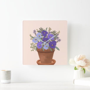 Purple Violets in a Pot – Botanical Floral Art Square Wall Clock