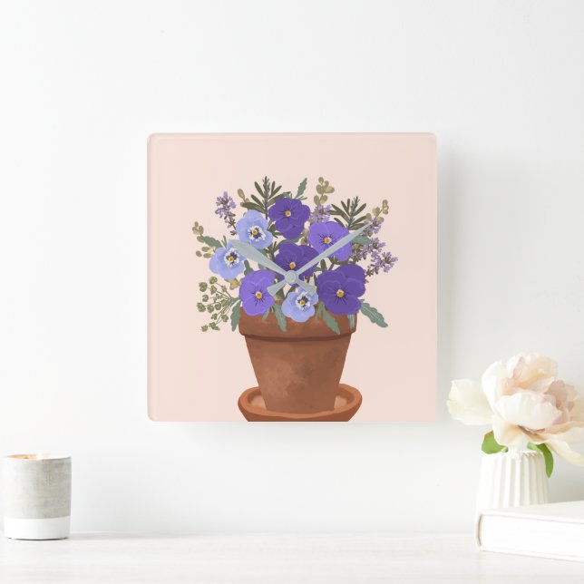 Purple Violets in a Pot – Botanical Floral Art Square Wall Clock (Home)