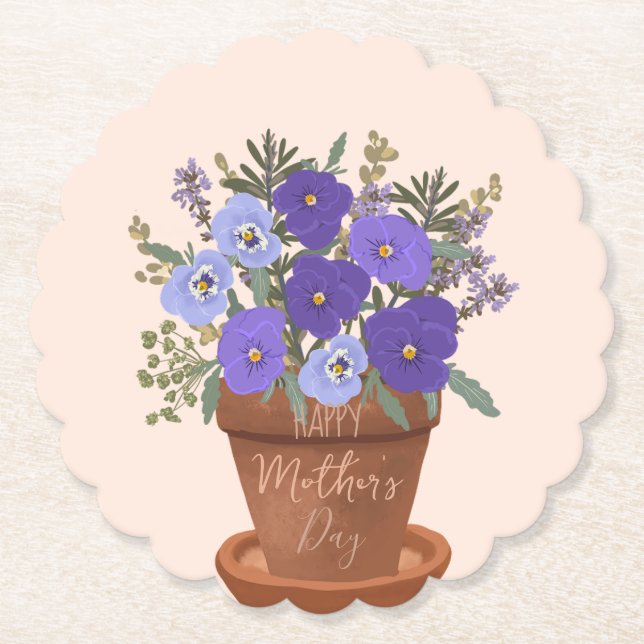 Purple Violets in a Pot – Mother’s Day Floral Paper Coaster (Front)