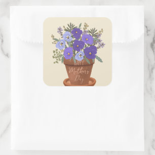 Purple Violets in a Pot – Mother’s Day Floral Square Sticker