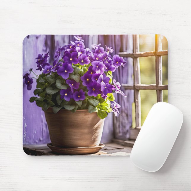 Purple Violets In Clay Pot Birthday Mouse Mat (With Mouse)