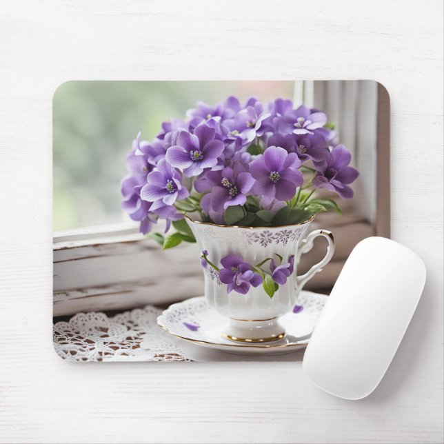 Purple Violets In Old Teacup Mouse Mat (With Mouse)