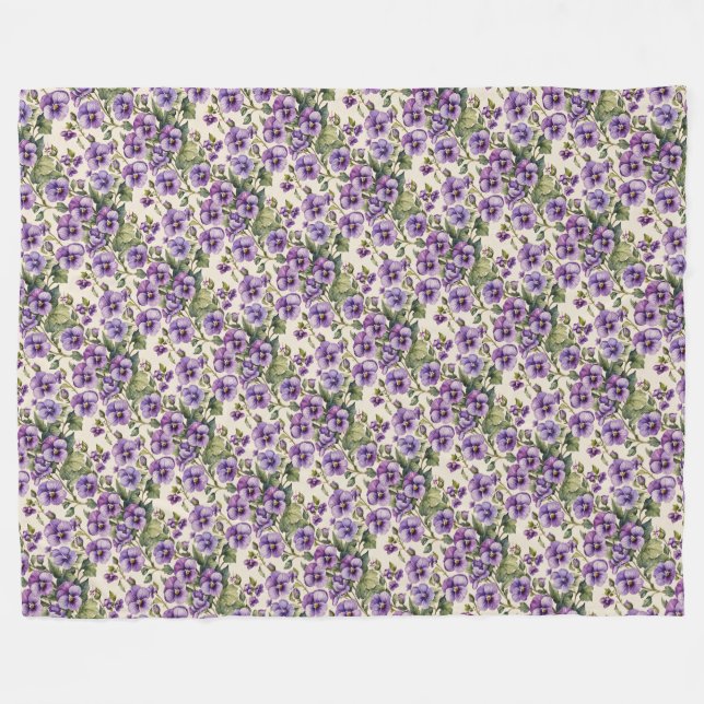 Purple Violets on White Fleece Blanket (Front (Horizontal))