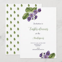 Purple violets watercolor Easter dinner Invitation