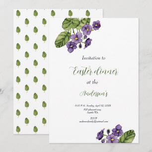 Purple violets watercolor Easter dinner Invitation