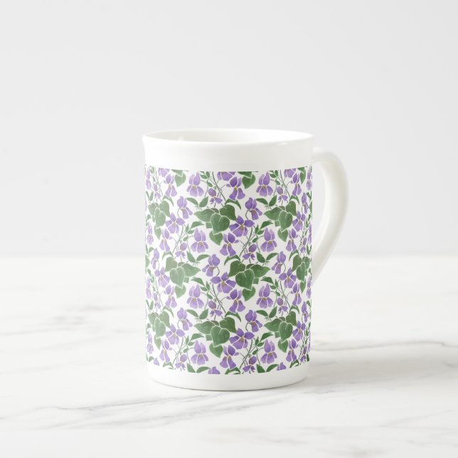 Purple Violets Watercolour Pattern on White Bone China Mug (Front Right)