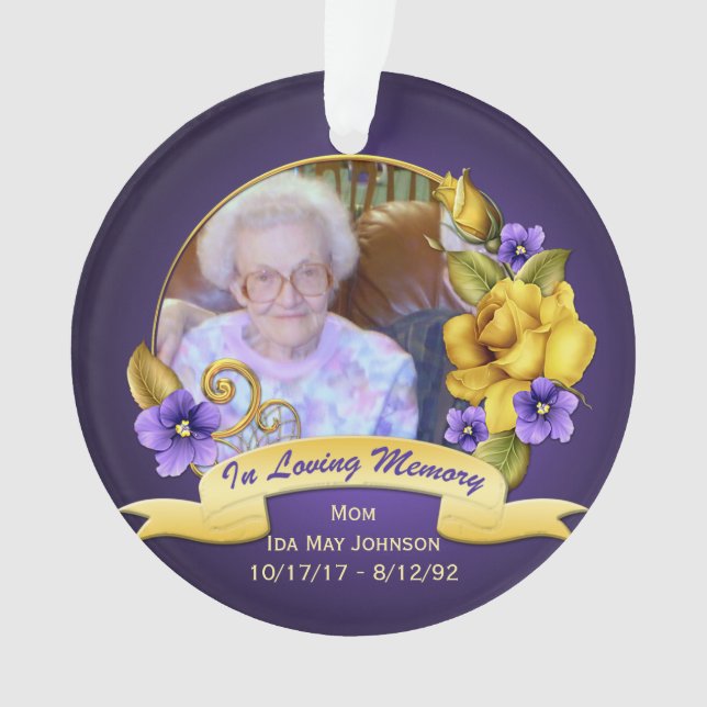 Purple Violets Yellow Roses Memorial Keepsake Ornament (Front)
