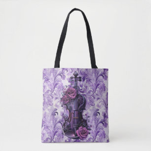 Purple Violin on Lilac Floral Large Shoulder Tote Bag