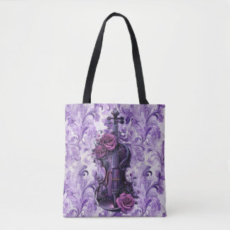 Purple Violin on Lilac Floral  Large Shoulder Tote Bag