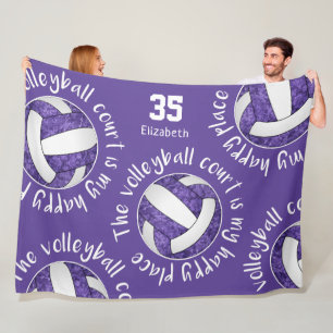 Purple volleyball court happy place typography fleece blanket